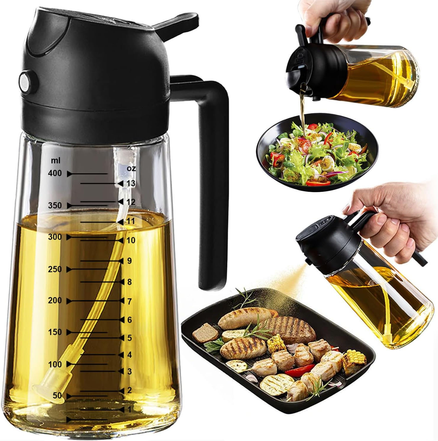 TrendPlain 16oz/470ml Glass Olive Oil Sprayer for Cooking – 2 in 1 Olive Oil