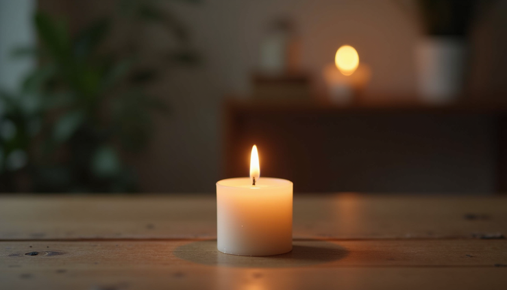 Eye-level view of a single candle burning on a wooden table symbolizing hope after hardship