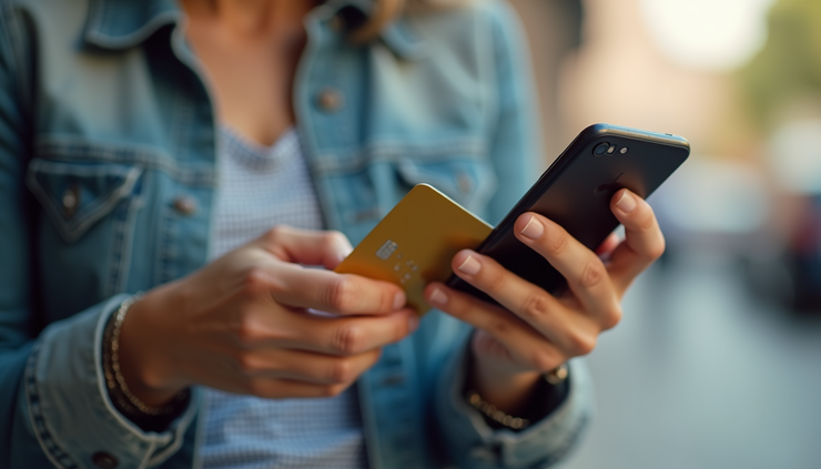 Eye-level view of a person holding a credit card and a smartphone, contemplating a purchase