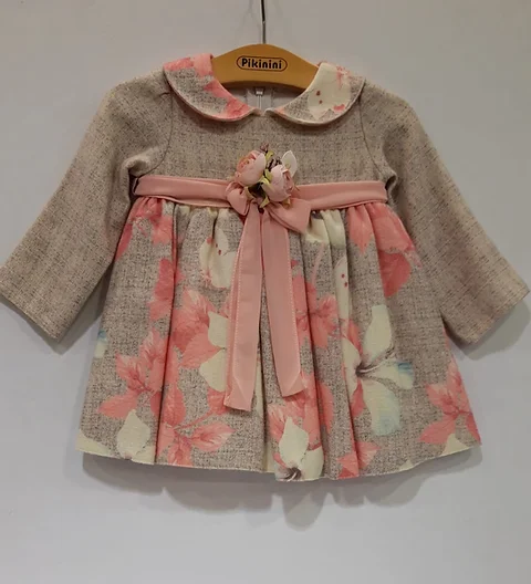 Renkli Cicek Desenli Uzun Kollu Bej Kiz Bebek Abiye Elbise Pikinini