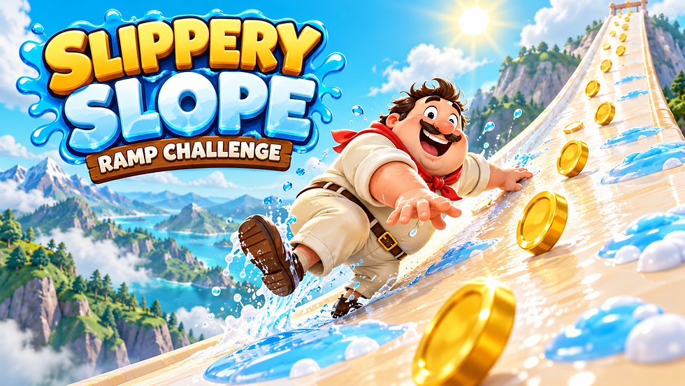 Slippery Slope Ramp Challenge cartoon climber on a giant wet ramp with gold coins
