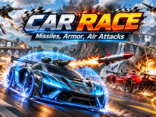 Futuristic 3D car racing game with armored sports cars, missiles, fighter jets, explosions, glowing shields, collectible gems, and high-speed combat on a mountain highway.