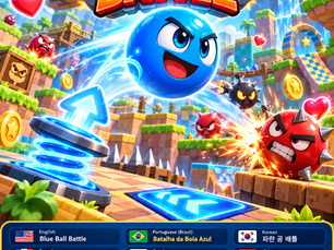 Blue Ball 3D action adventure game with jumping, rockets, monsters, obstacles, hearts, and challenging levels.