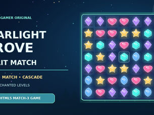 Starlight Grove Spirit Match game cover showing luminous turquoise, pink, gold and purple magic gems on a moonlit forest puzzle board with sparkling fairy lights.