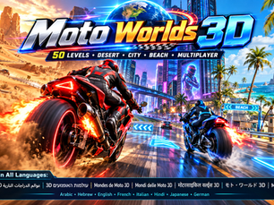 3D motorcycle racing game with high-speed bikes, sharp turns, ramps, jumps, obstacles, and exciting racing tracks.