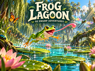 Frog Lagoon: a frog catching insects above lily pads in a sunny swamp.