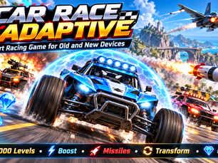 Car Race Adaptive online racing game featuring a blue armored buggy, rival cars, missiles, air attacks, glowing gems, and 1000 levels.