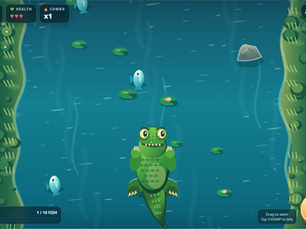 Crocodile River Rush HTML5 game showing a giant crocodile swimming through a tropical river