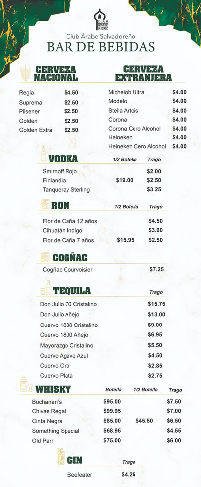 Menú Bebidas de Bar | Club Árabe Salvadoreño