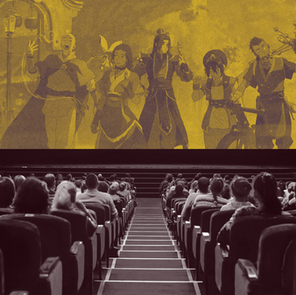 Arte de imagem promocional do filme A Lenda de Aang: O Último Mestre do Ar, sendo exibido no cinema