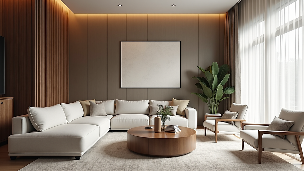 Wide angle view of a beautifully designed living room with elegant furniture