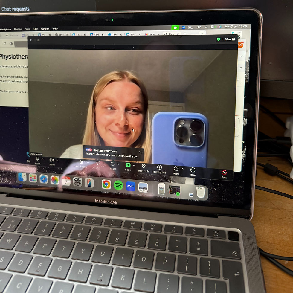 A woman smiles during a video call on a MacBook Air. A smartphone is visible with a blue case. Text reads: "NEW Floating reactions."