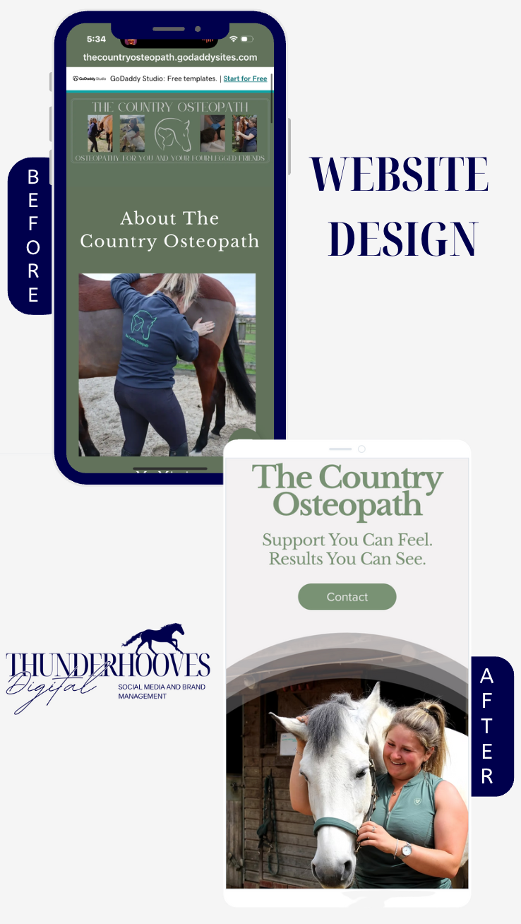 Before and after website design for The Country Osteopath. Before: Person with a horse. After: Woman smiling with a horse. Text and graphics visible.