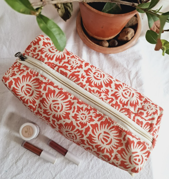 Floral Fun red block printed travel pouch