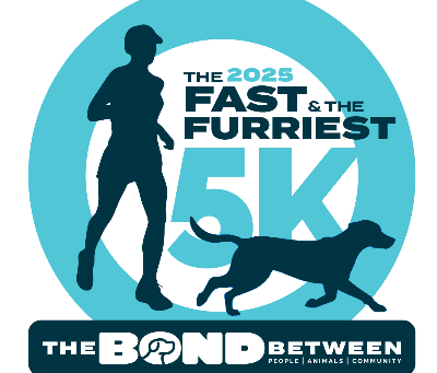 Silhouette of a runner and dog, with the text "The 2025 Fast & The Furriest 5K" on a blue circle. Emphasizes community bond theme.