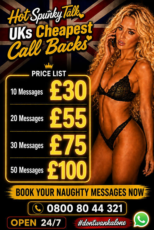Slim blonde lady talking on the phone with text in the pic displaying a price list of our phone sex services