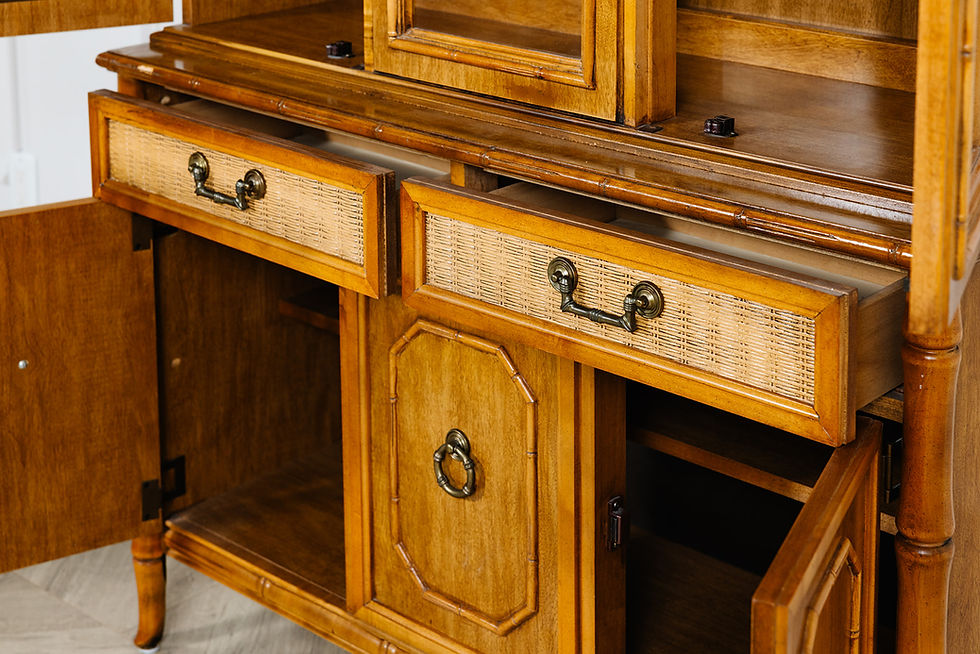 Thumbnail: Vintage Broyhill Faux Bamboo and Cane Two Piece China Cabinet