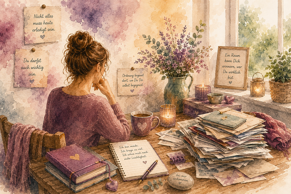 Aquarellbild eines Papierstapels auf einem Tisch – Symbol dafür, warum Aufräumen so schwer fällt und was Räume über unser Inneres erzählen.