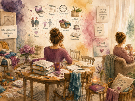 Aquarellbild einer Frau zwischen Alltag und Ruhe – Symbol für Perfektionismus bei Frauen, Selbstfürsorge und innere Ordnung.