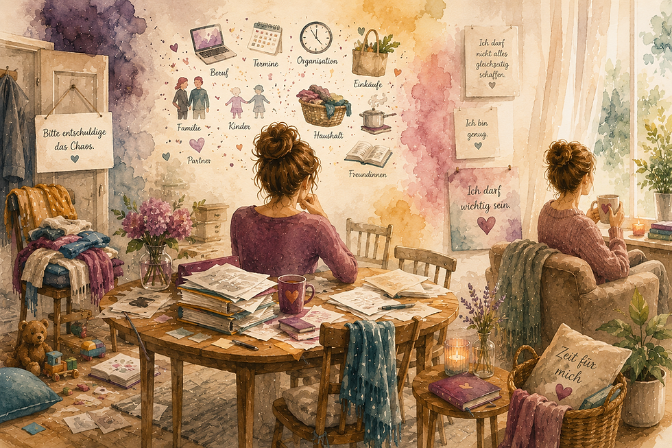 Aquarellbild einer Frau zwischen Alltag und Ruhe – Symbol für Perfektionismus bei Frauen, Selbstfürsorge und innere Ordnung.