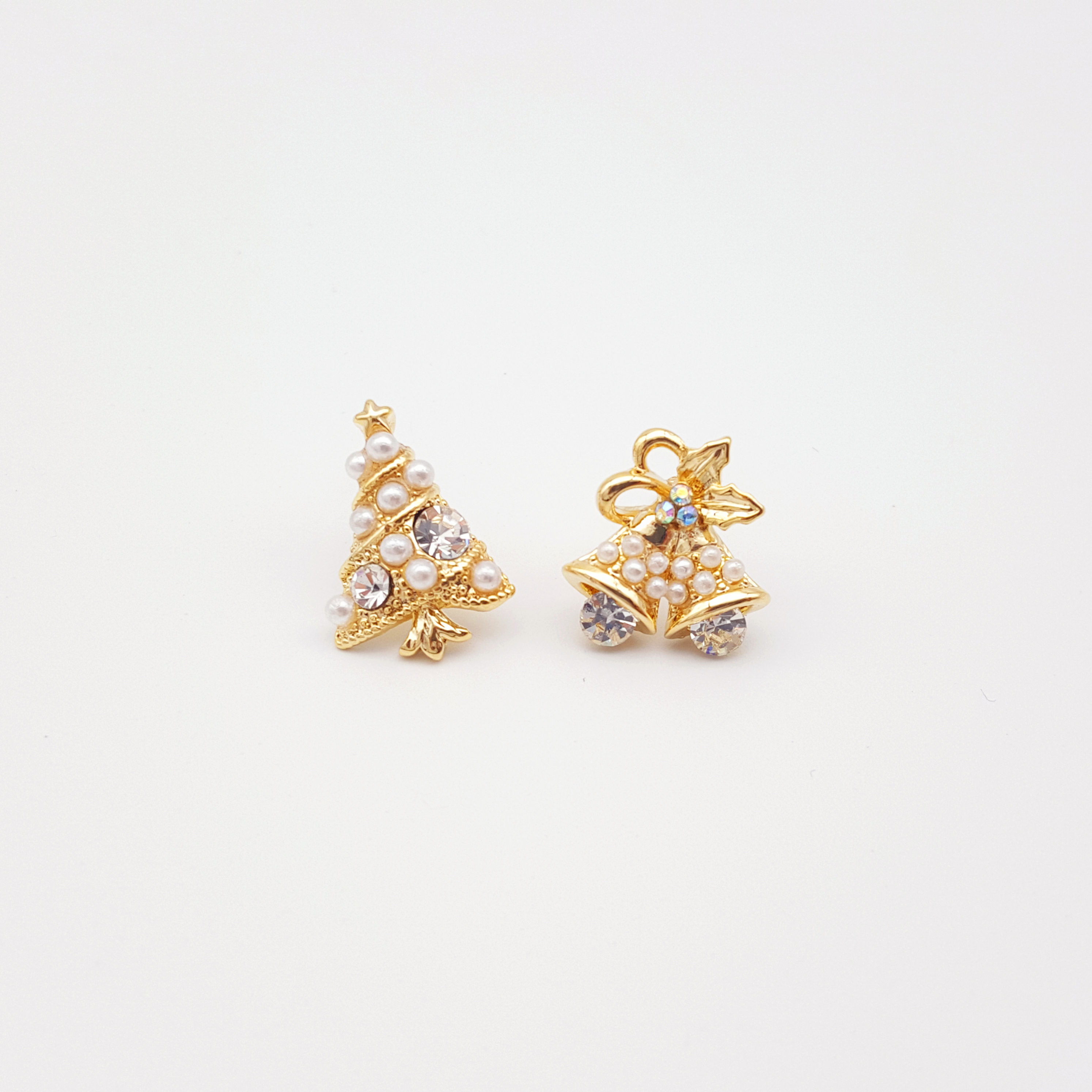 Pearl Christmas tree and bell stud earrings