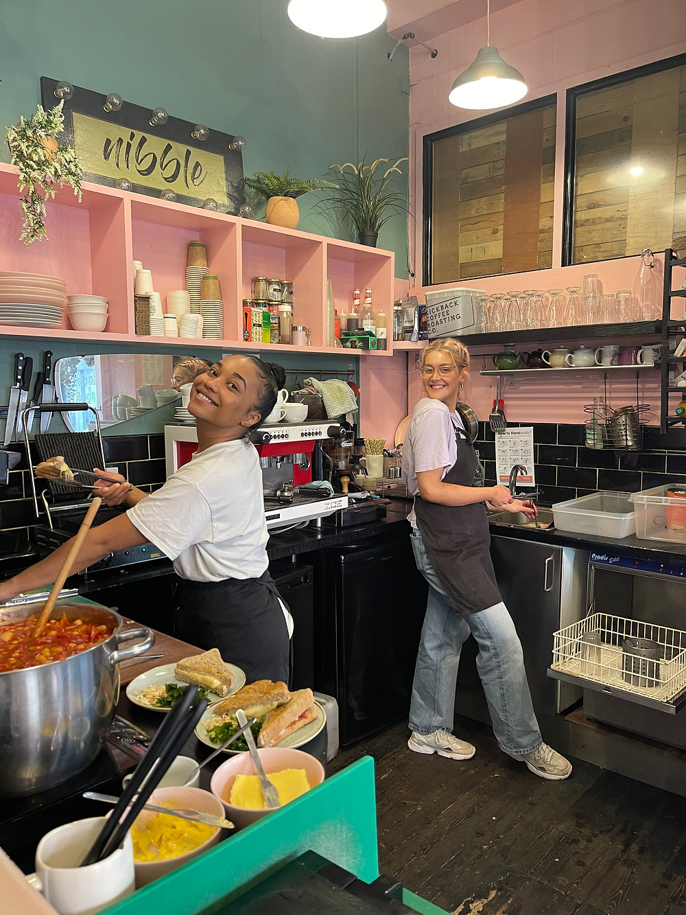 Nibble NQ, Northern Quarter female run pink and green cafe interior