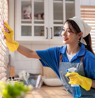 female cleaner worker cleaning kitchen at home