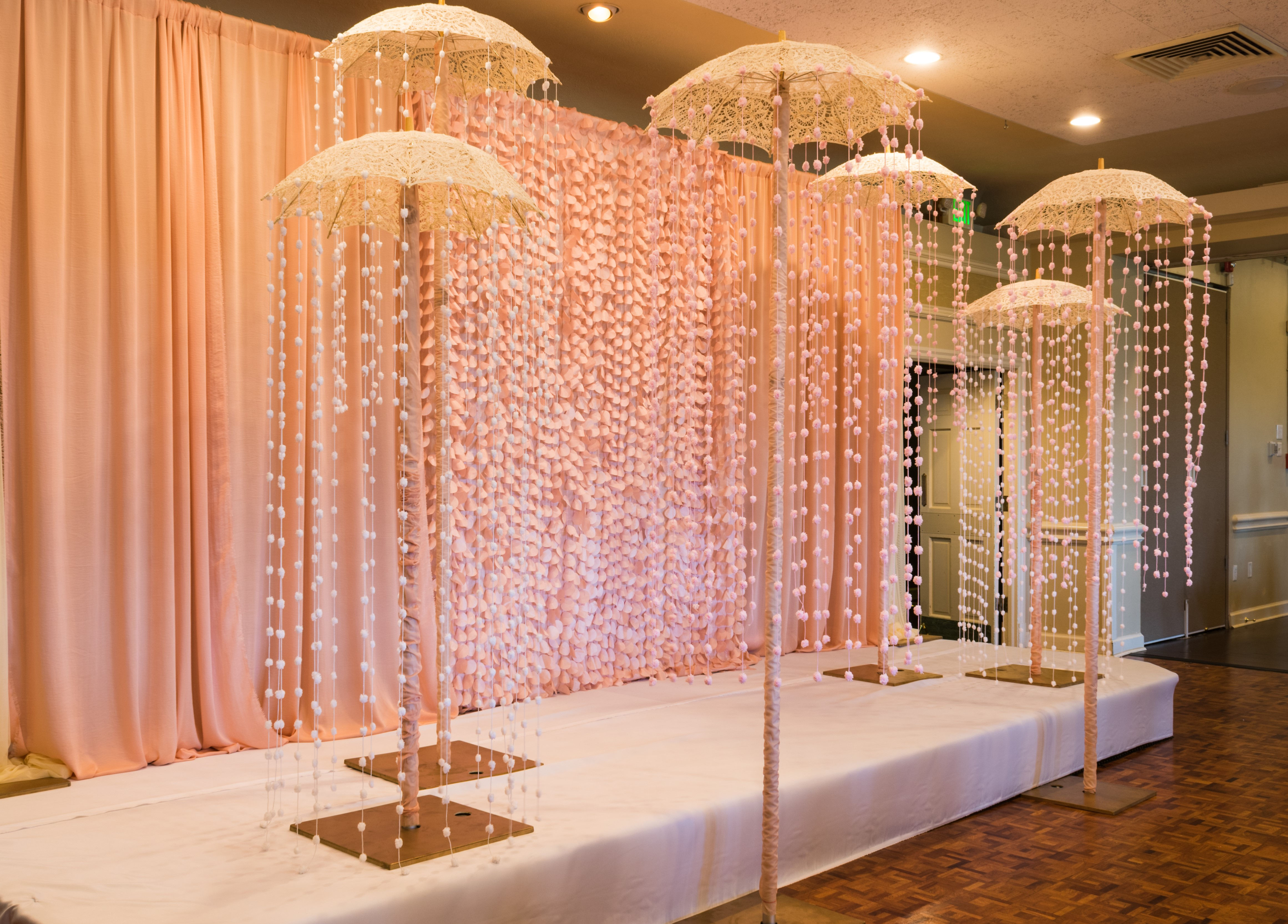 Ivory lacepom pom umbrella on stand 6' Tall