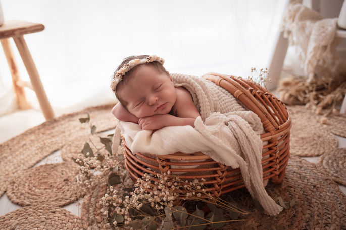 posing nouveau né dans contenant bohème