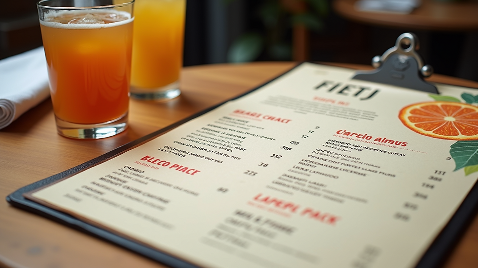 Eye-level view of a beautifully designed beverage menu with vibrant colors and enticing descriptions