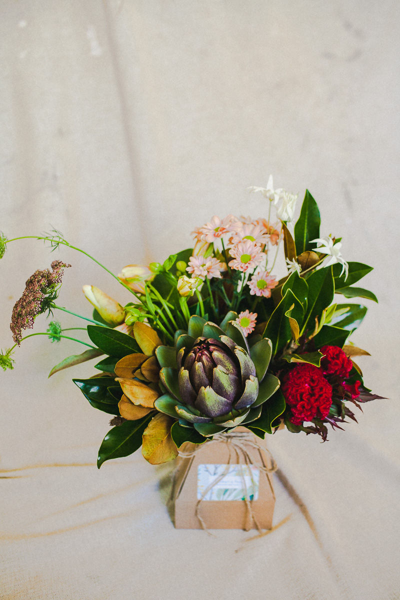 Posy ingredients: Artichoke flower; Little Gem; Queen Anne's Lace; Chrissy; Flannel flower; Alstroemeria; Celosia.