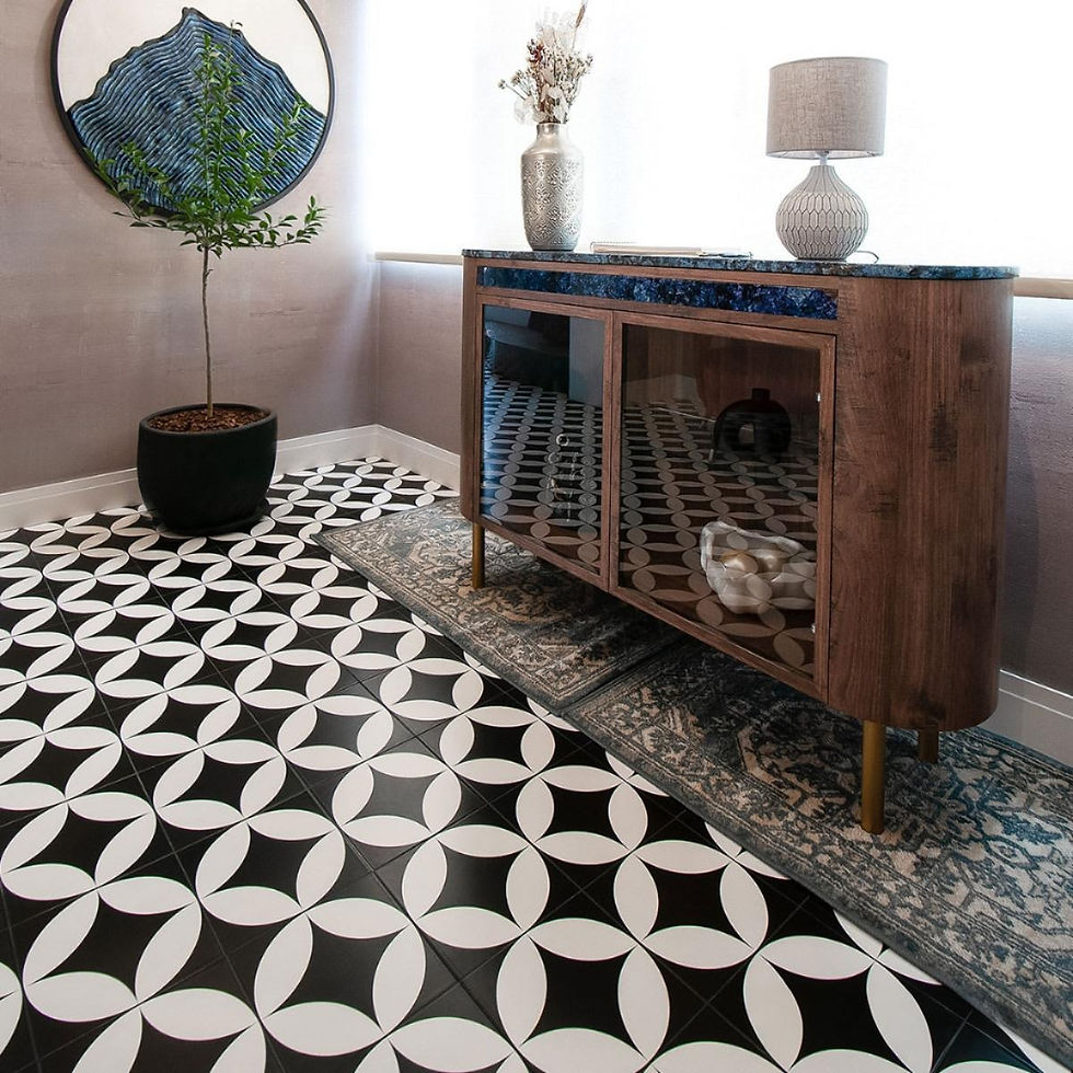 Vista de sala con piso decorativo, cerámico petal blanco y negro