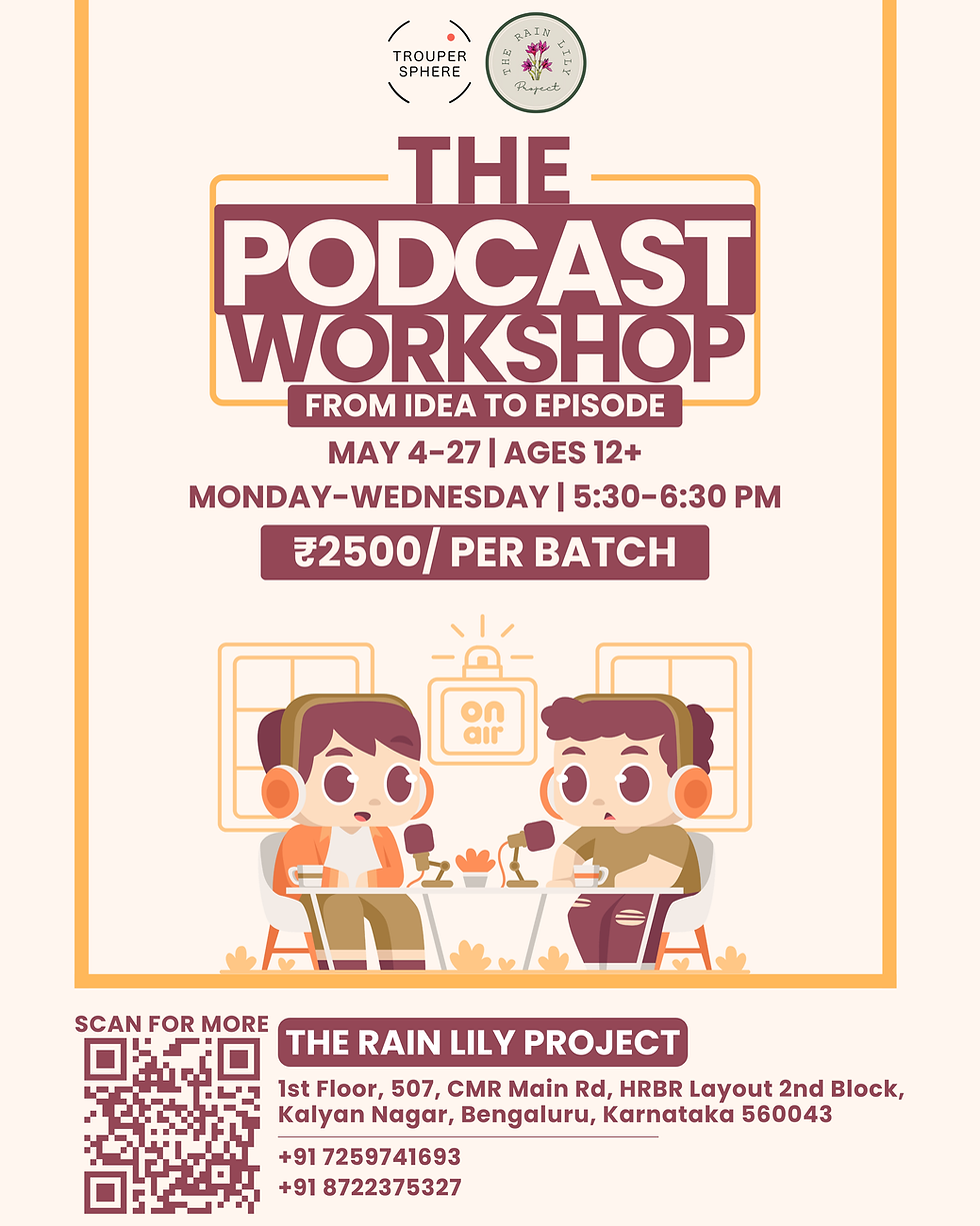 The Podcasts Workshop poster
Ages 12+
May 4 - May 27
5.30 PM - 6.30 PM
2500/-