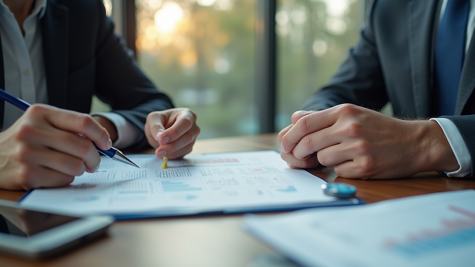 Close-up view of a financial advisor discussing documents with a client