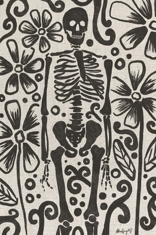 a black and white digital illustration of a skeleton surrounded by doodles of flowers and swirls 