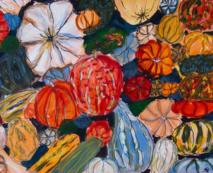 a gouache painting of a pile of fall colored pumpkins, squashes, and gourds