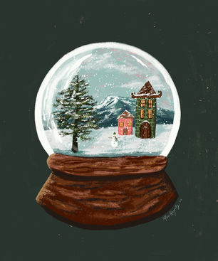 digital illustration of a snowglobe filled with two cabins and a fir tree in front of a snowy mountain