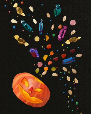a digital illustration of a carved pumpkin jack-o-lantern with colorful candy and pumpkin seeds exploding out of the top on a black background