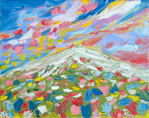 An oil painting of a colorful field of flowers with a sunset.