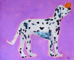 a gouache painting of a spotted Dalmatian dog balancing a small orange pumpkin on its nose with a purple background