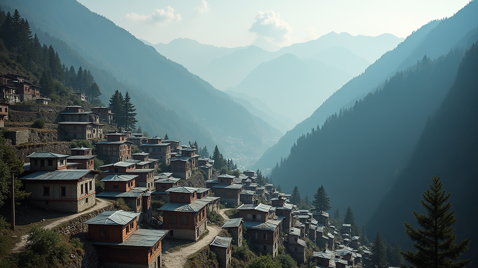 High angle view of a traditional Himachali village nestled in the mountains