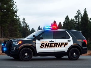 A California Black and White SUV Sheriff's Vehicle with flashing lights on it's roof