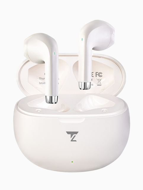 product photo of a white bluetooth earphone