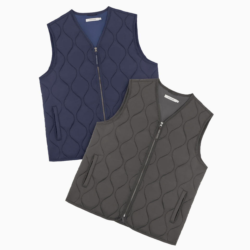 Flat lay product photo of a dark blue and a grey vest, overlapping each other