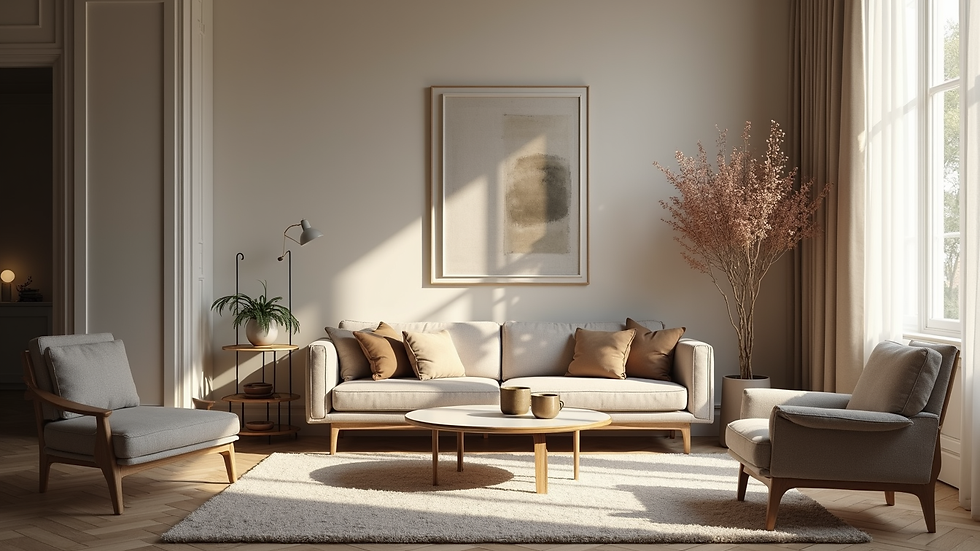 Vue en plongée d’un salon parisien rénové avec mobilier moderne et lumière naturelle