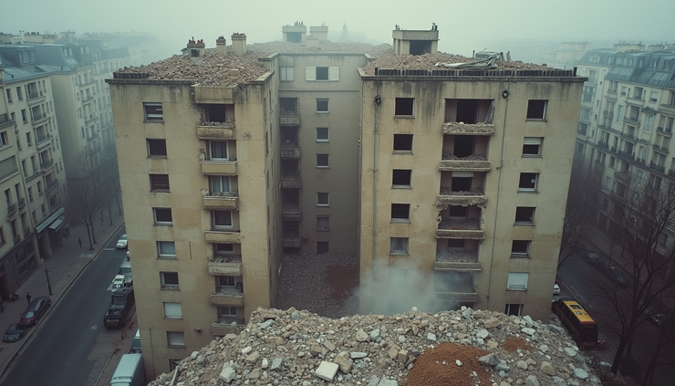 Vue en plongée d’un appartement parisien en cours de démolition avec murs partiellement abattus