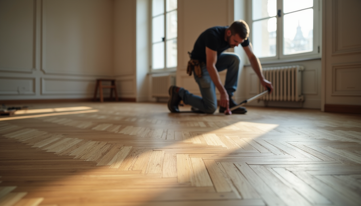 Vue latérale d’un poseur de parquet installant un parquet en chêne dans un appartement parisien