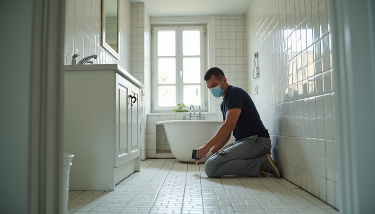 Vue en contre-plongée d’un ouvrier posant des carreaux dans une salle de bains rénovée à Paris