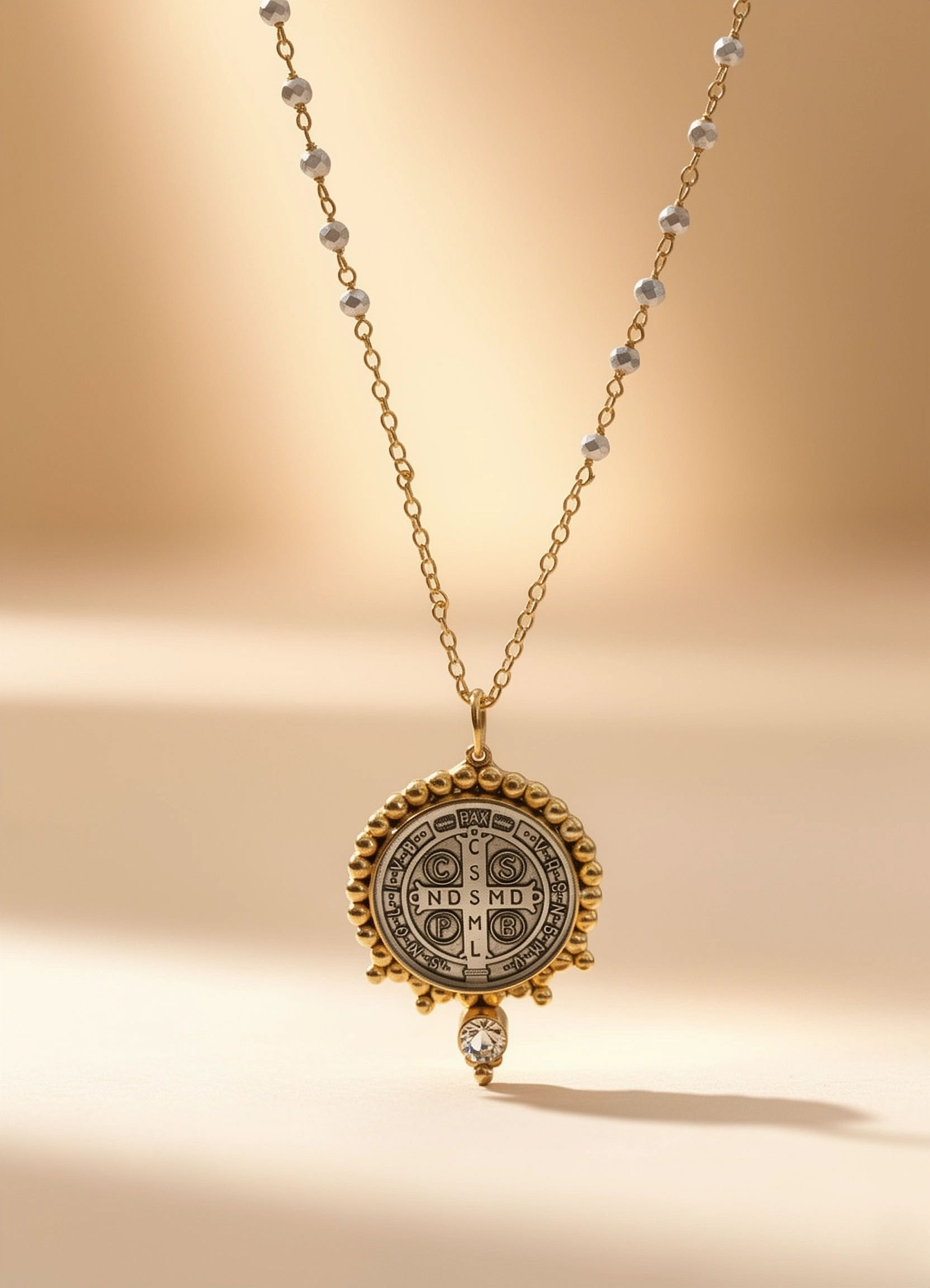 Saint Benedict Medallion with Swarovski Dainty Crystals Chain