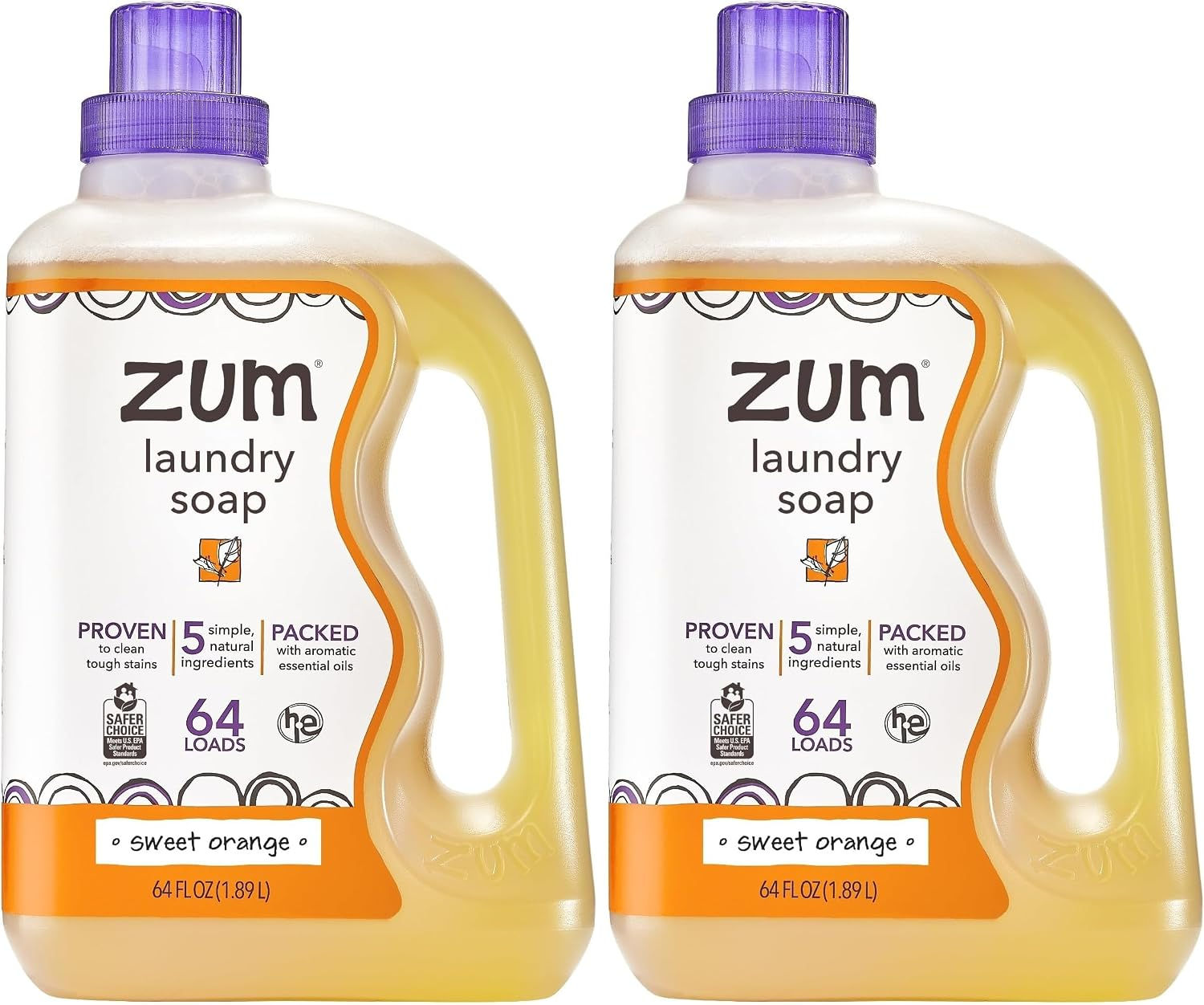 Two bottles of Zum Sweet Orange Laundry Soap, 64 fl oz.